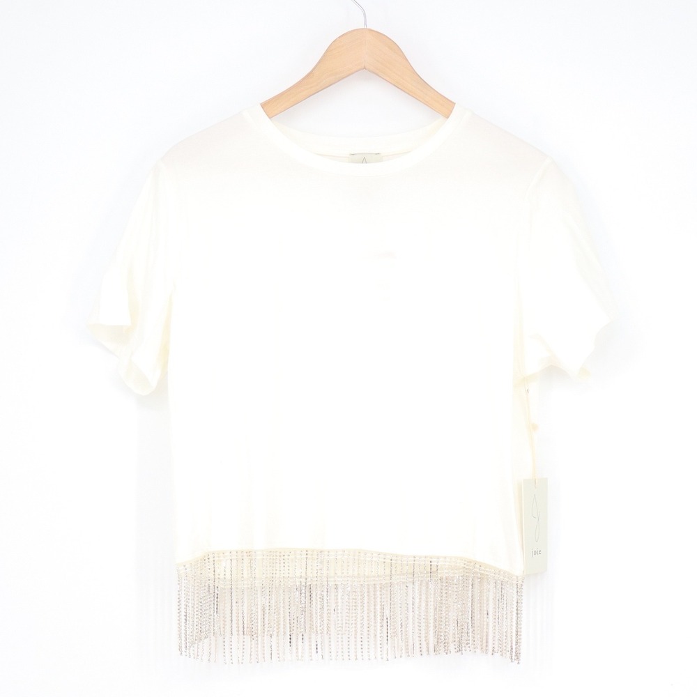 Joie Womens Rhinestone Fringe Cotton T-Shirt Off-White Crew Neck Size M NEW